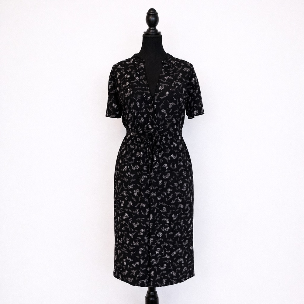Joe Fresh Black Tropical Palm Tree Midi Button-Down Shirt Dress